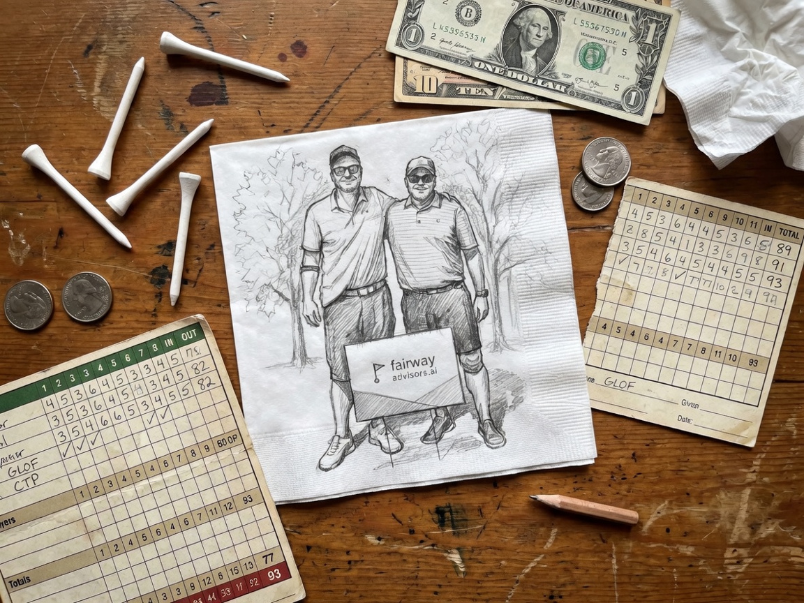 Two fairway advisors sponsors at Golf Fore Heart and Soul 2026, illustrated as a pencil sketch on a napkin, styled to match the site's Team page portraits