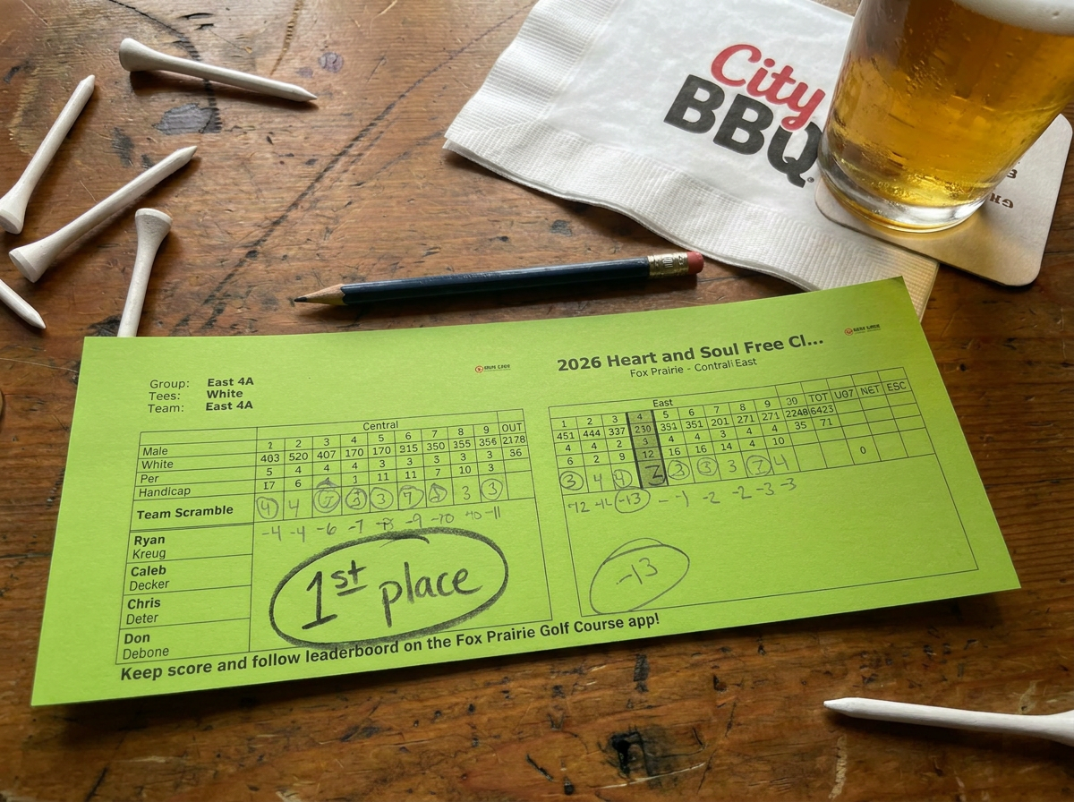 The winning team's scorecard from Golf Fore Heart and Soul 2026, marked '1st place,' on a bar table with golf tees and a City BBQ napkin