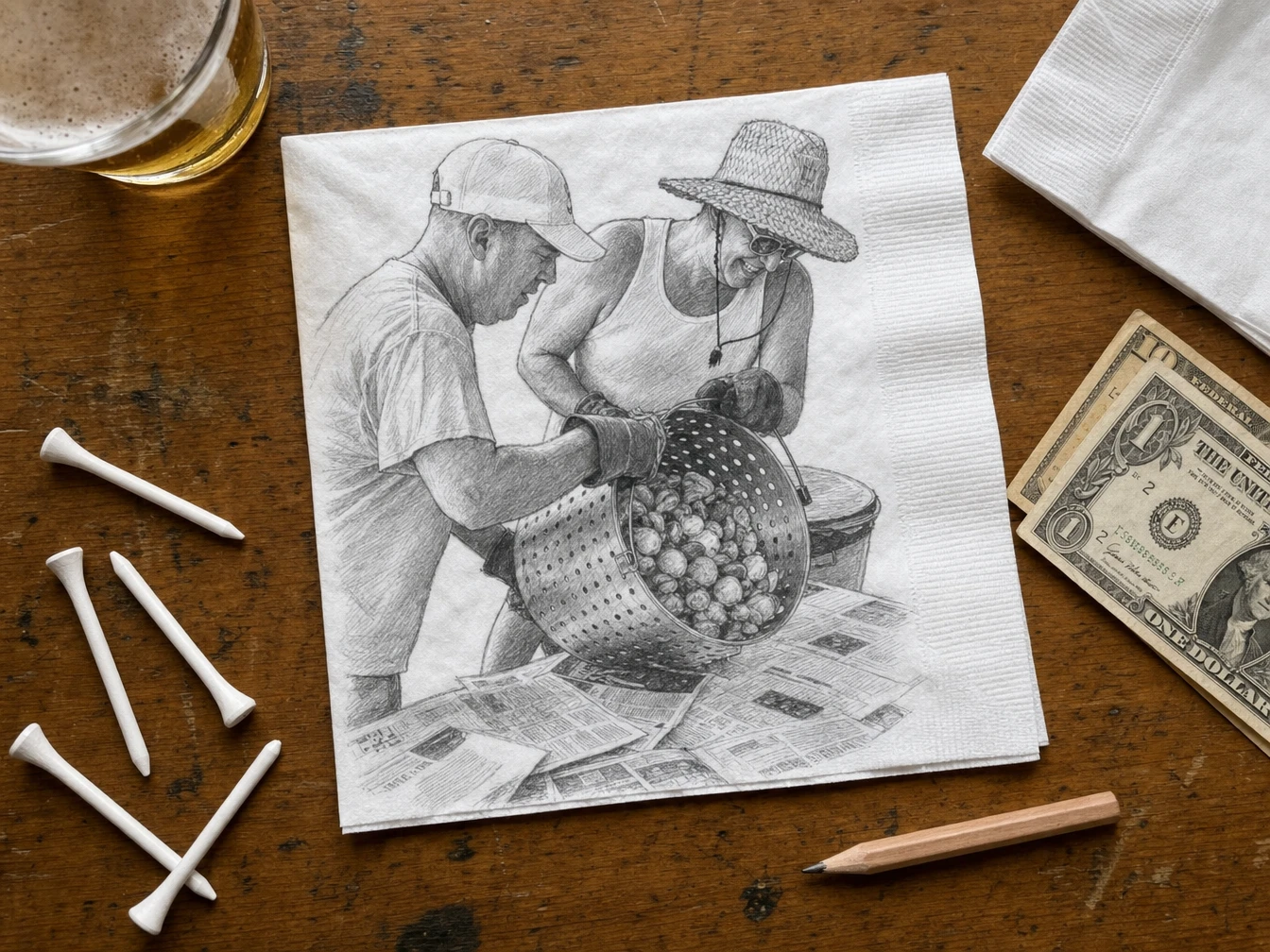 A shrimp boil being poured out at the Shrimp Boil & BBQ, illustrated as a pencil sketch on a napkin, styled to match the site's Team page portraits