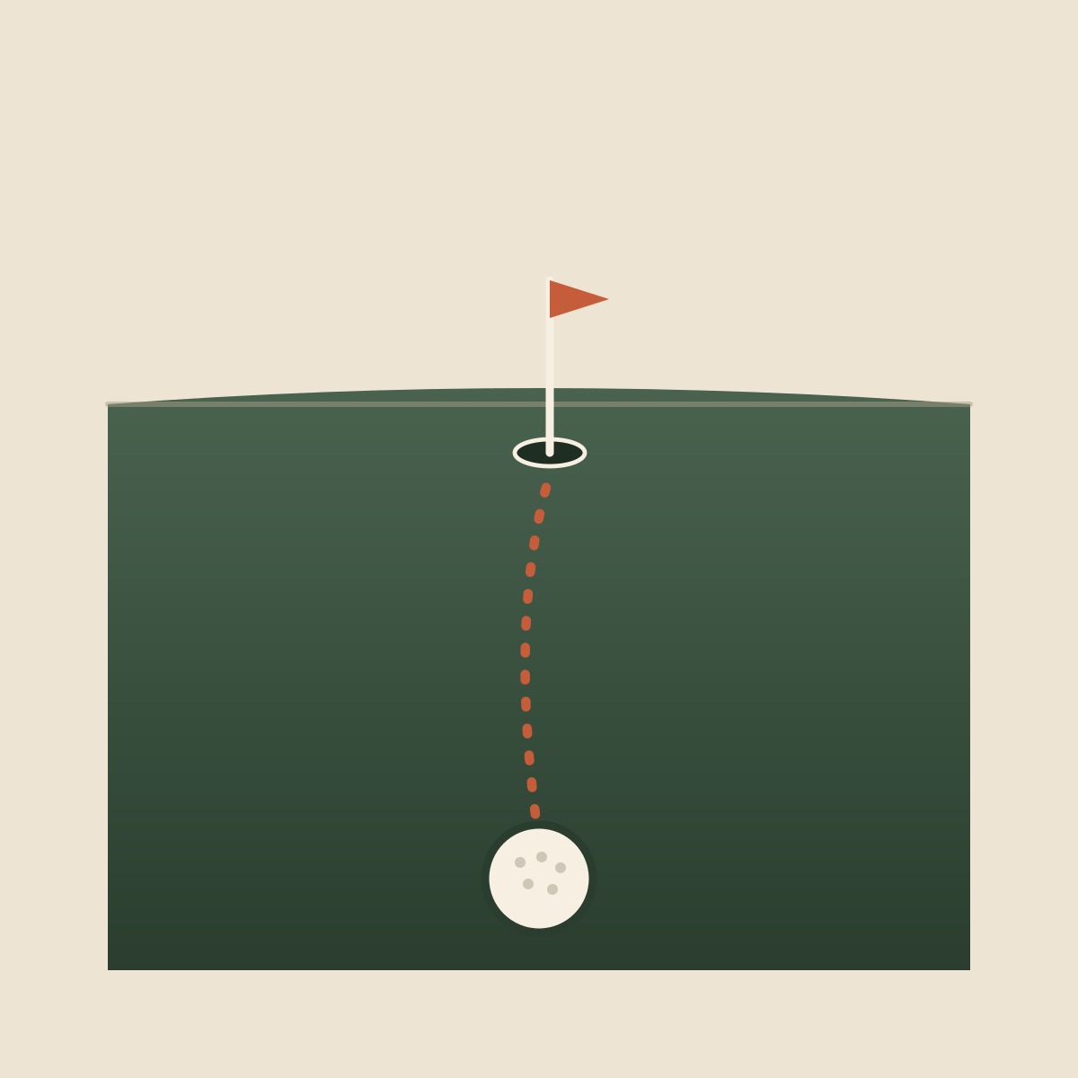 A golfer's-eye view down the line of a putt, tracking straight toward the pin.