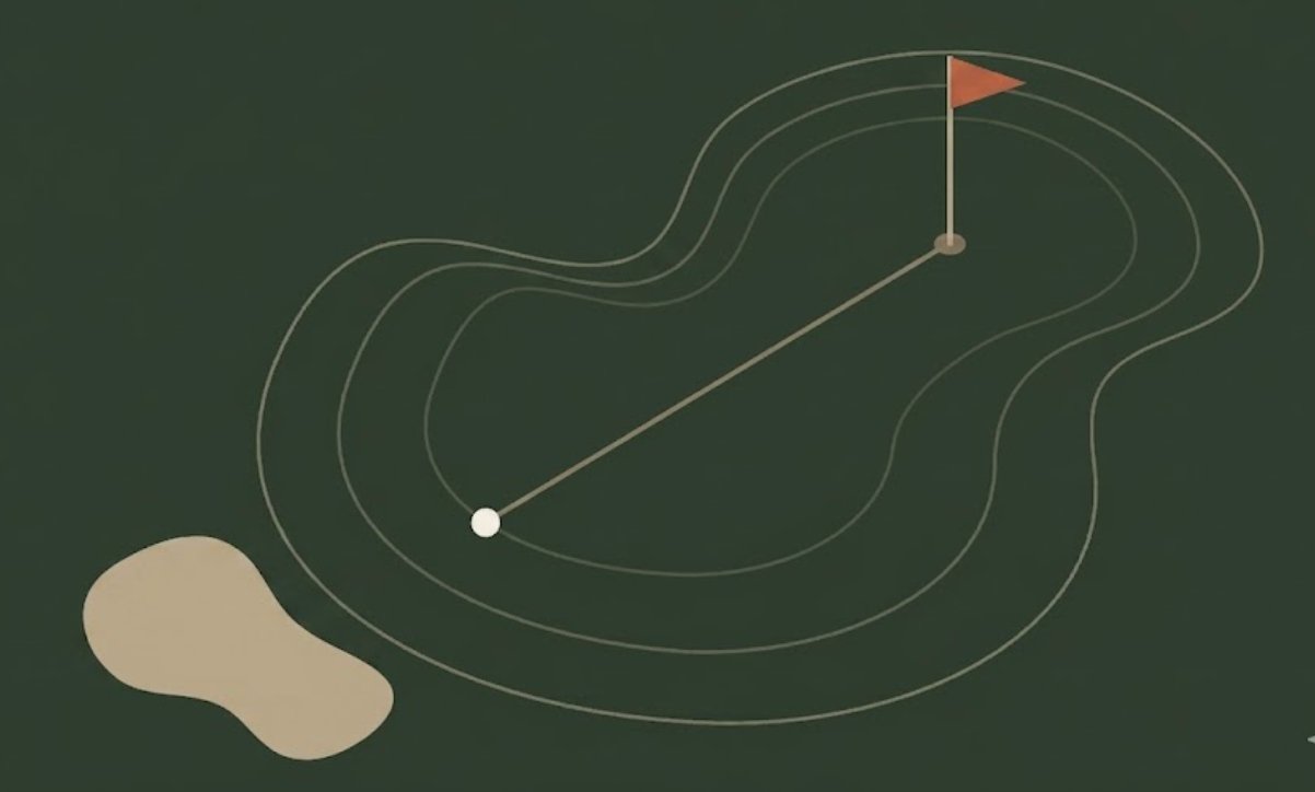 Aerial view of a golf green with topographic contour rings, a flagstick, a ball, and a sand bunker