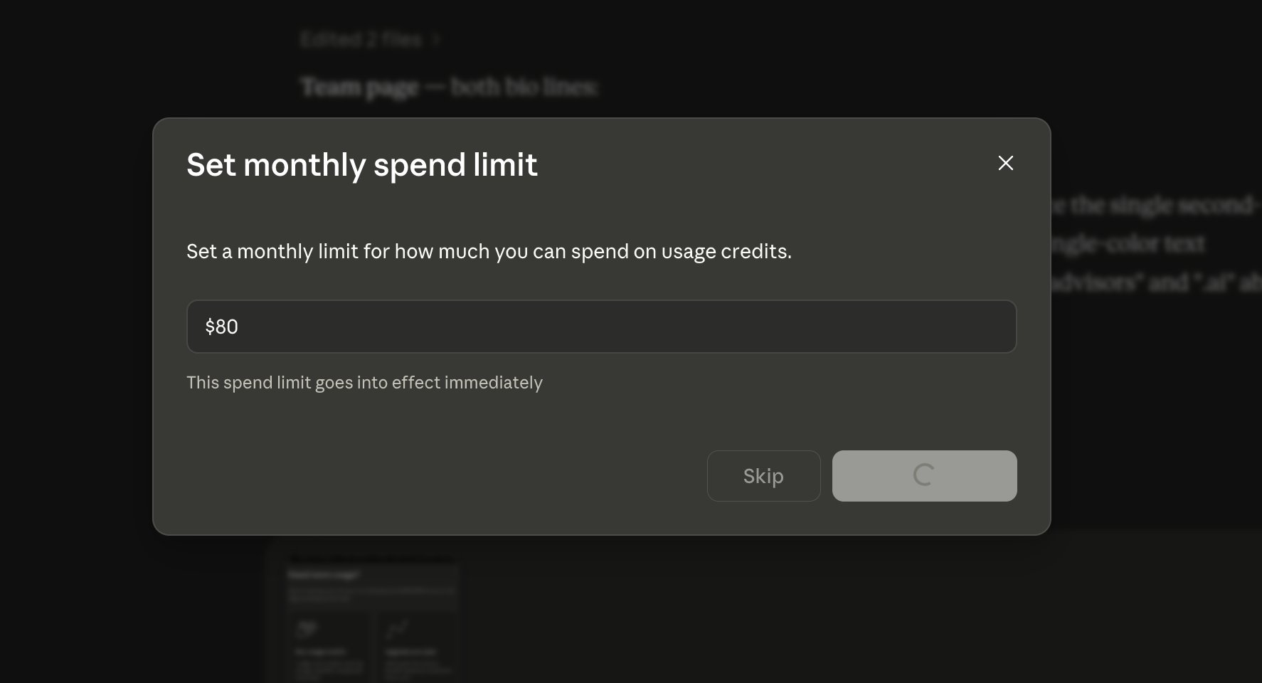 An AI tool prompting the user to set a monthly dollar spend limit on usage credits, with a field showing $80.