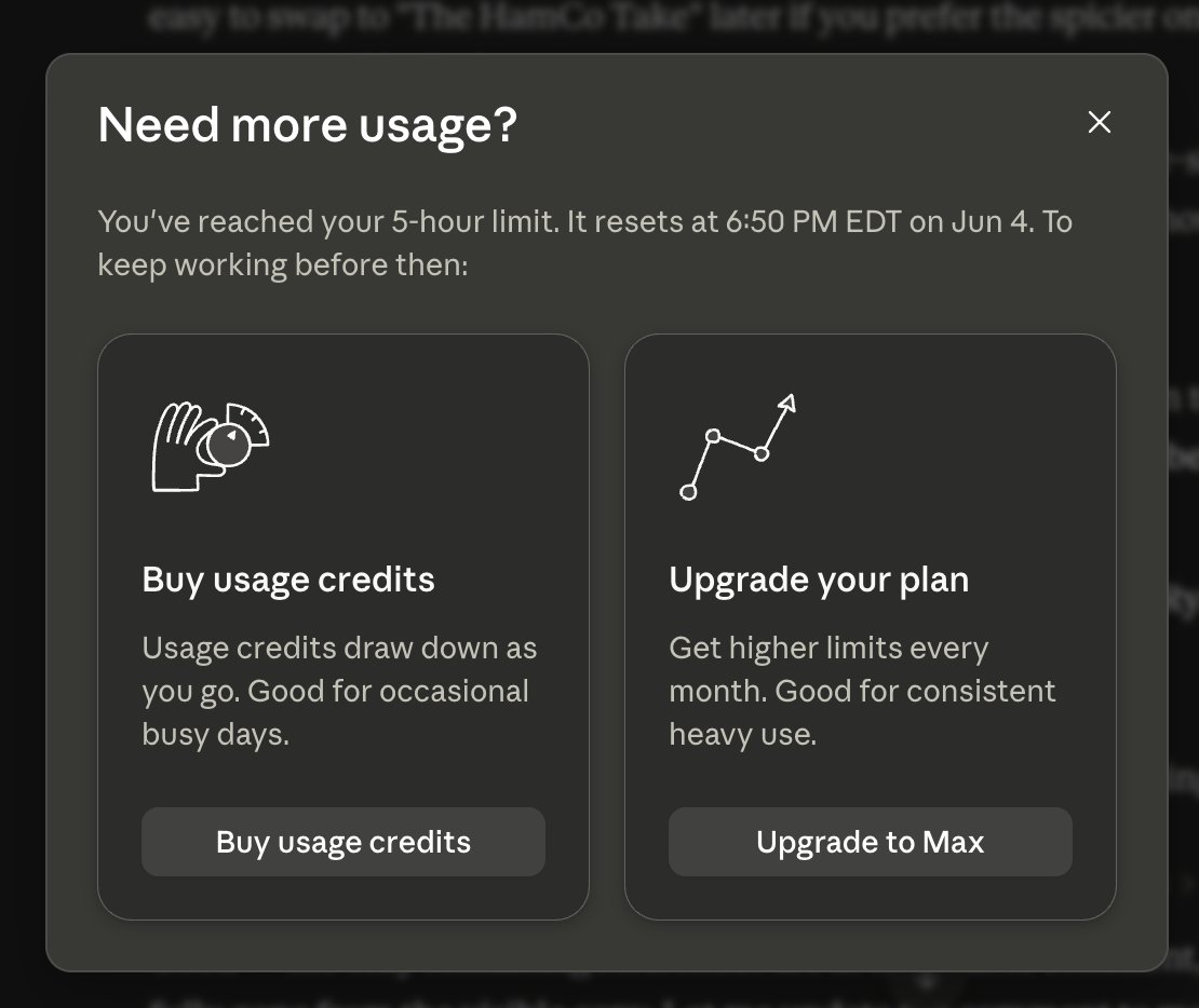 An AI tool notifying the user they have reached a usage limit and offering to buy more usage credits or upgrade the plan.