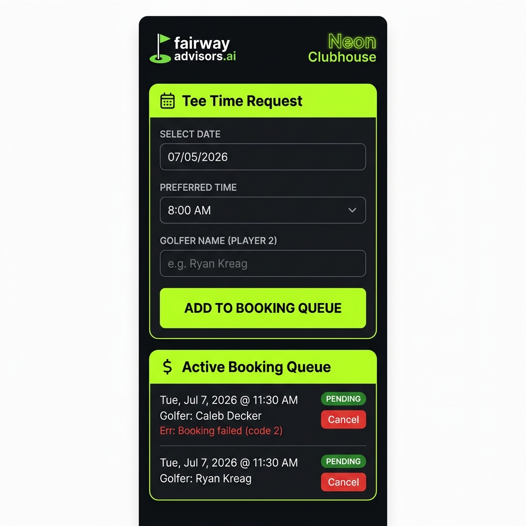 Tee Time Request scheduler UI showing the booking queue with pending requests